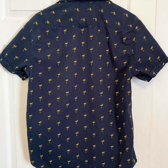Men's Short Sleeve Collar Shirt, 100% Cotton, Navy with Flamingos, size Med - Picture 2 of 7